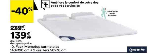 Pack Mémotop Surmatelas 140 X 190 Cm + 2 Oreillers 50 X 30 Cm Dreaméa