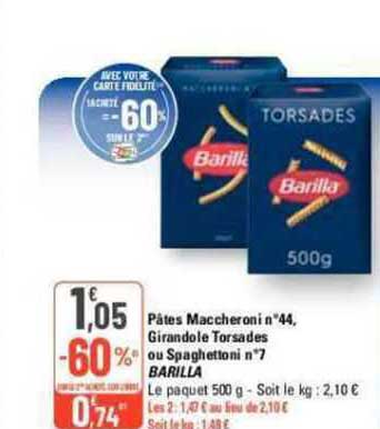 Pâtes Maccheroni N°44 Girandole Torsades Ou Spaghettoni N°7 Barilla