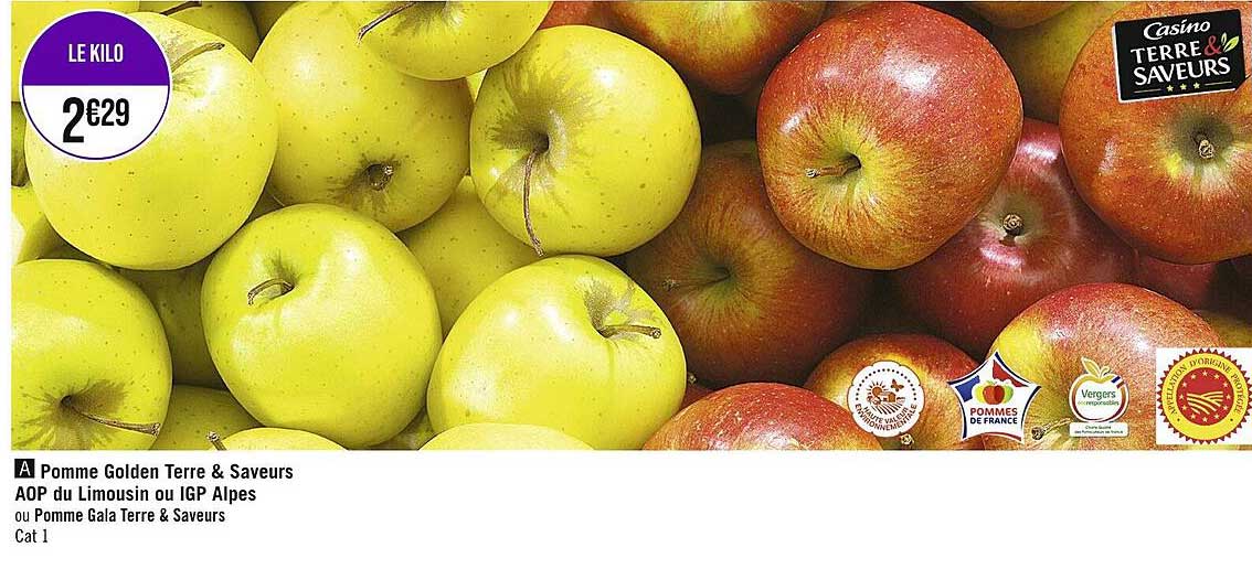 pomme golden terre & saveurs aop du limousin ou igp alpes ou pomme gala terre & saveurs