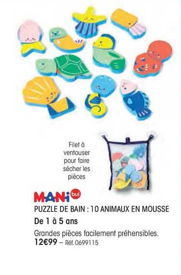 puzzle de bain : 10 animaux en mousse mani bul