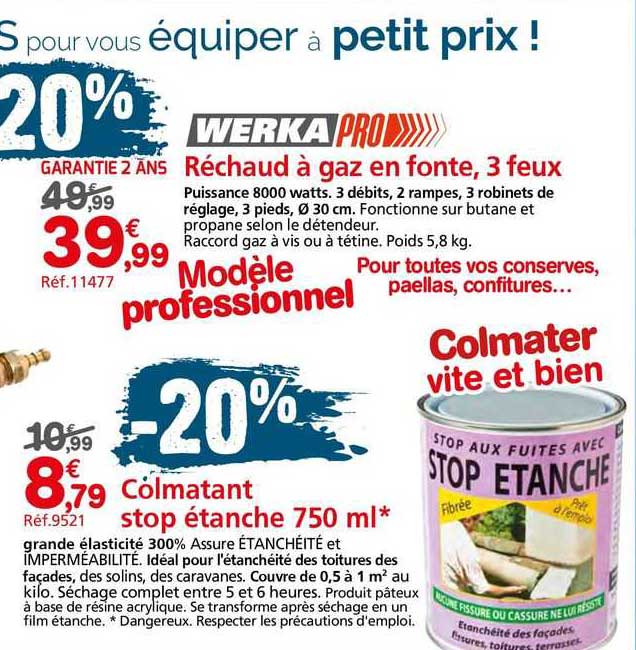 réchaud à gaz en fonte, 3 feux, colmatant stop étanche 750 ml