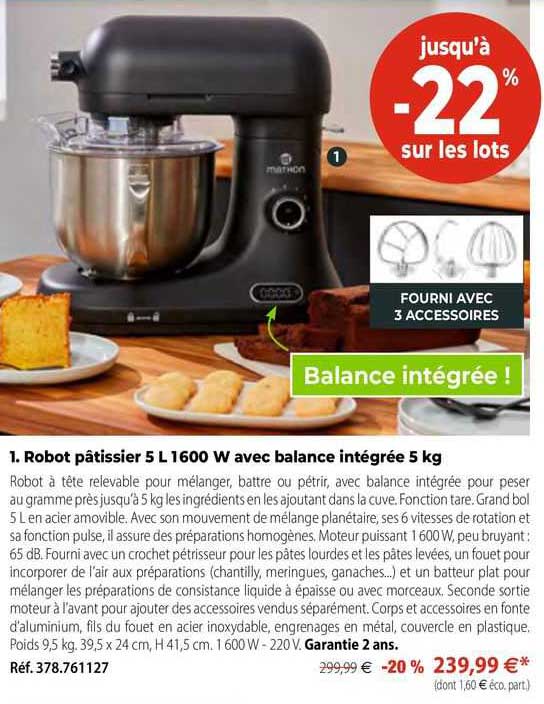 robot pâtissier 5 l 1600 w avec balance intégrée 5 kg