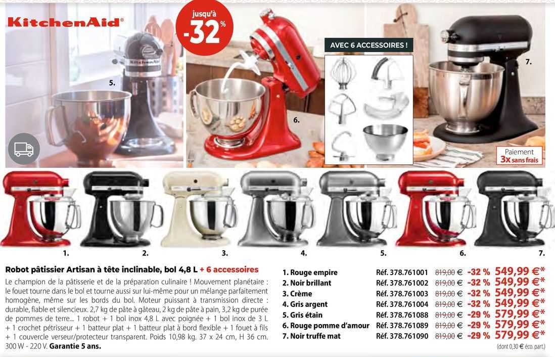 robot pâtissier artisan à tête inclinable, bol 4,8 l + 6 accessoires kitchenAid