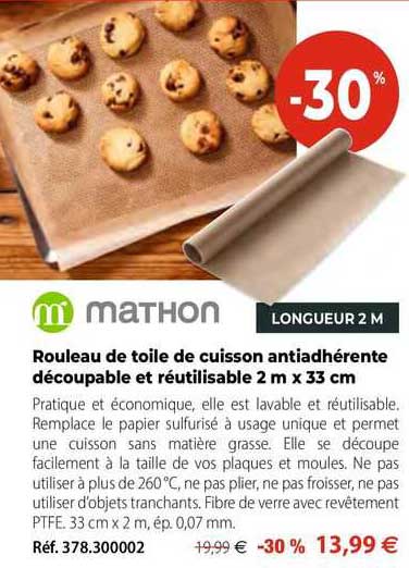 rouleau de toile de cuisson antiadhérente découpable et réutilisable 2 m x 33 cm mathon
