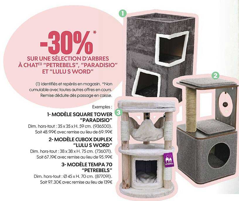 sélection d'arbres à chat "petrebels", "paradisio" et "lulu s word"