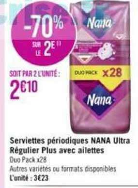 serviettes périodiques nana ultra régulier plus avec ailettes