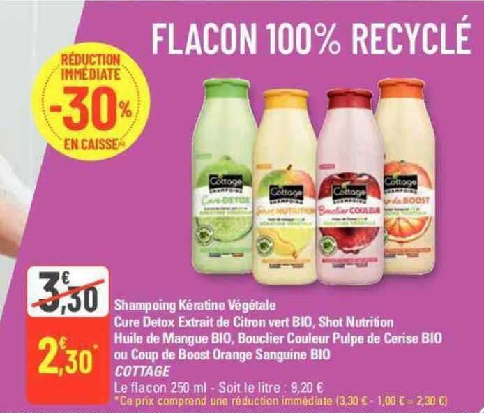 shampoing kératine végétale cure détox extrait de citron vert bio, shot nutrition huile de mangue bio, bouclier couleur pulpe de cerise bio ou coup de boost orange sanguine bio cottage