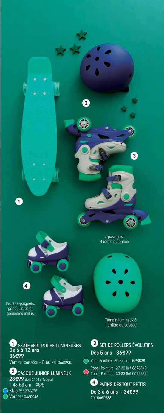 skate vert roues lumineuses, casque junior lumineux, set de rollers évolutifs, patins des tout-petits