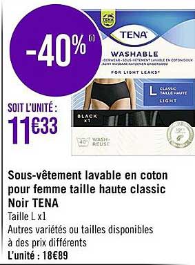 sous-vêtement lavable en coton pour femme taille haute classic noir tena
