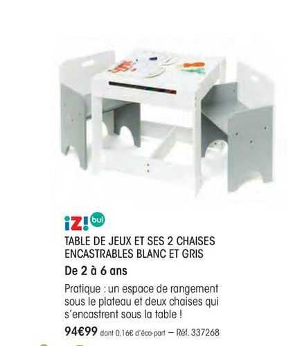 table de jeux et ses 2 chaises encastrables blanc et gris