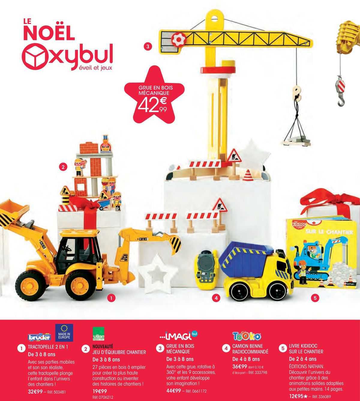 tractopelle 2 en 1 bruder, jeu d'équilibre chantier , grue en bois mécanique imagi bul, camion benne radiocommandé tooko, livre kididoc sur le chantier