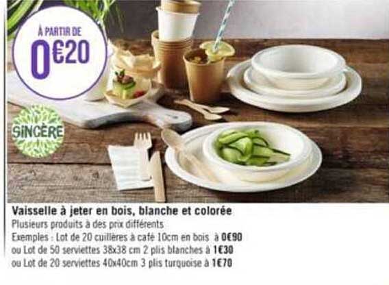 vaisselle à jeter en bois, blanche et colorée sincère