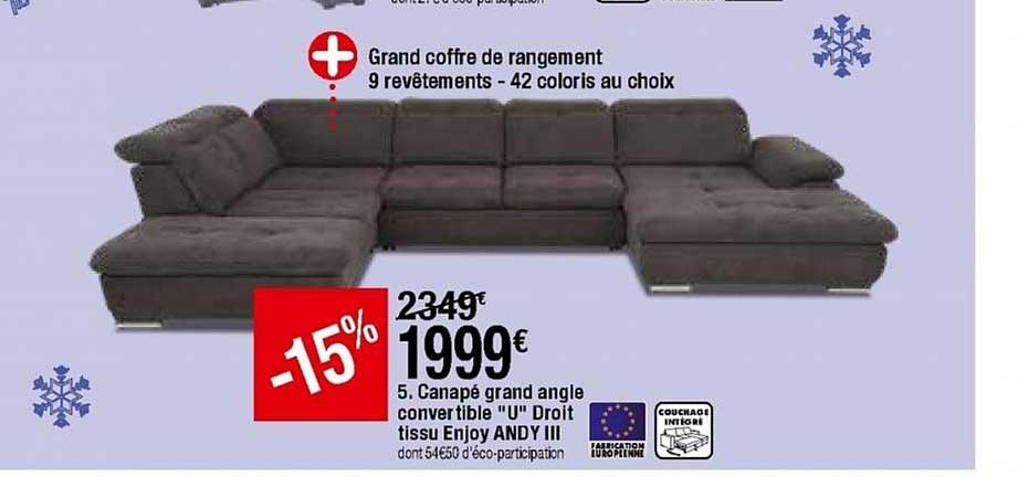 canapé grand angle convertible "u" droit tissu enjoy andy iii