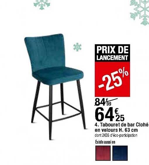 tabouret de bar clohé en velours h. 63 cm
