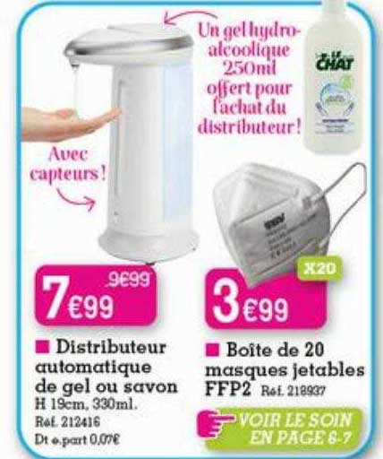 distributeur automatique de gel ou savon, boîte de 20 masques jetables ffp2