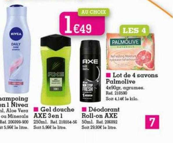 shampoing 2 en 1 nivea, gel douche axe 3 en 1, déodorant roll-on axe, lot de 4 savons palmolive