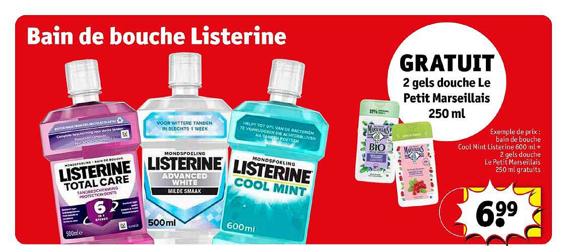 bain de bouche listerine bain de bouche cool mint listerine + 2 gels douche le petit marseillais gratuits