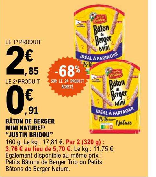 bâton de berger mini nature "justin bridou" -68% sur le 2e produit acheté