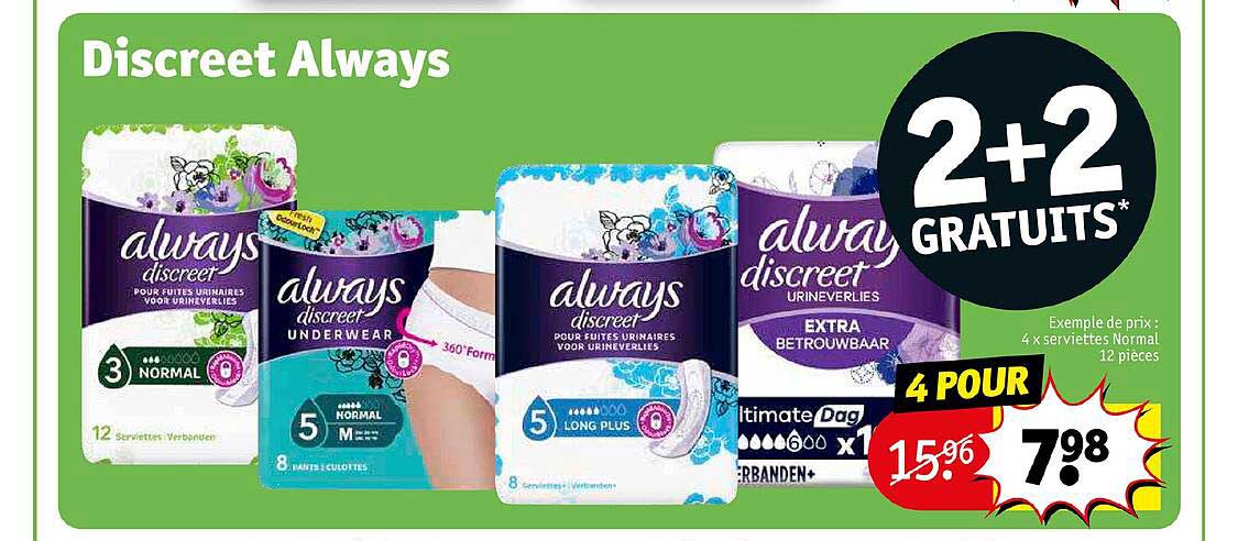 discreet always 4 x serviettes normal 12 pièces 2+2 gratuits