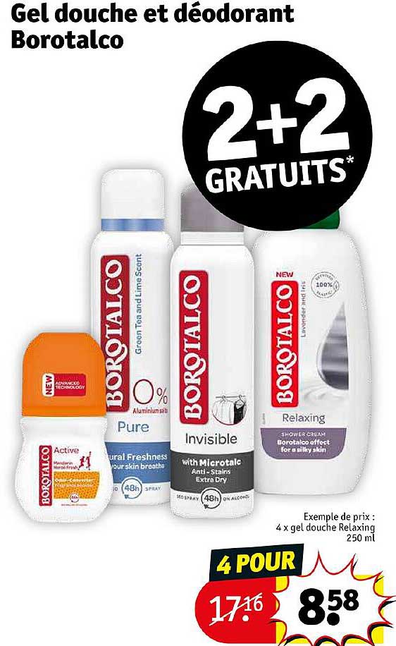 gel douche et déodorant borotalco 2+2 gratuits