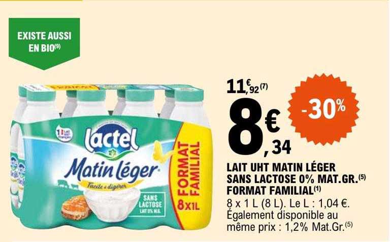 lait uht matin léger sans lactose 0% mat gr format familial