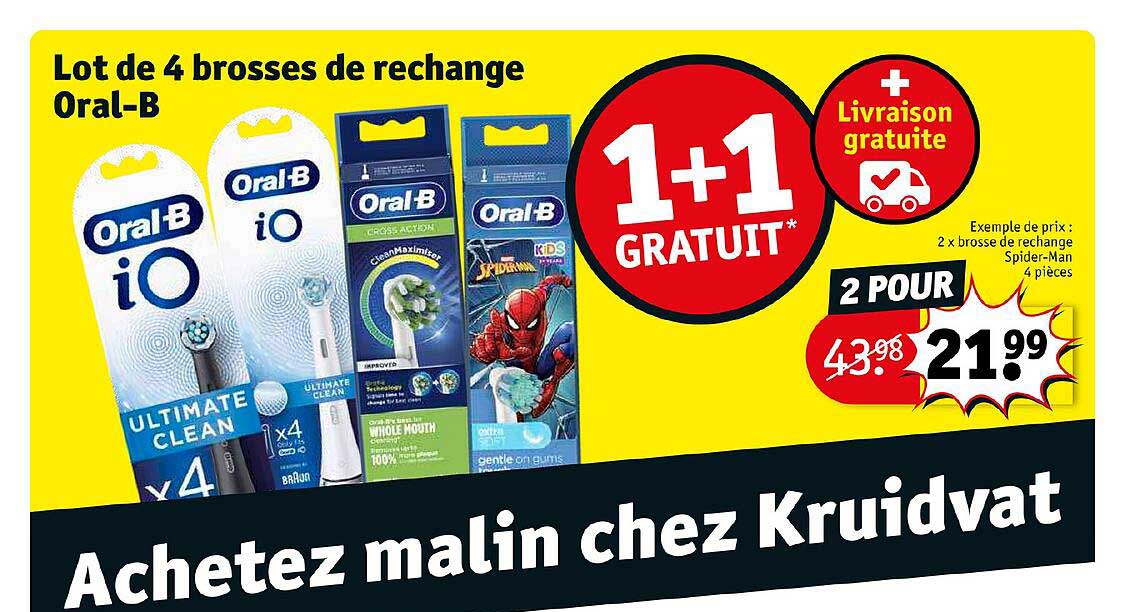 lot de 4 brosses de rechange oral-b 1+1 gratuit