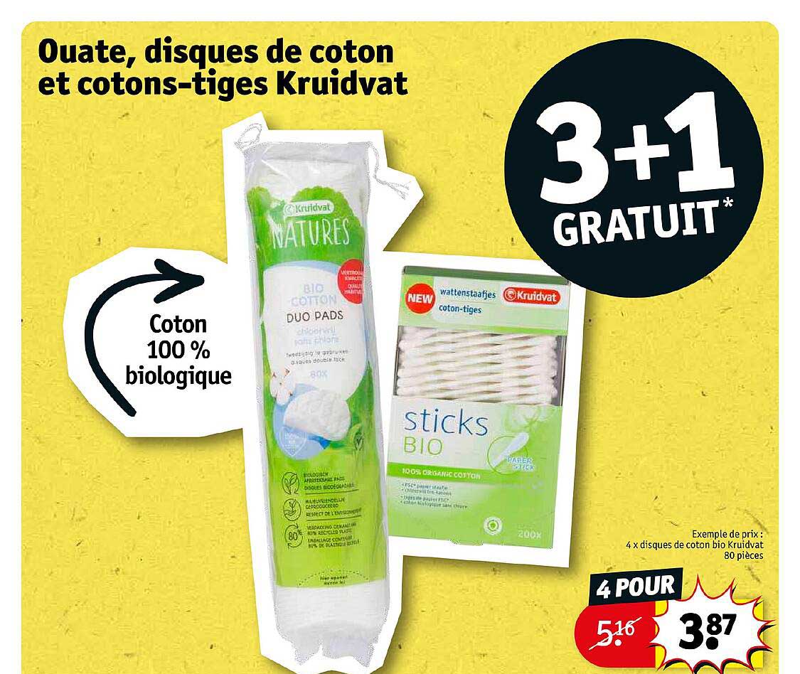 ouate disques de coton et cotons-tiges kruidvat 3+1 gratuit