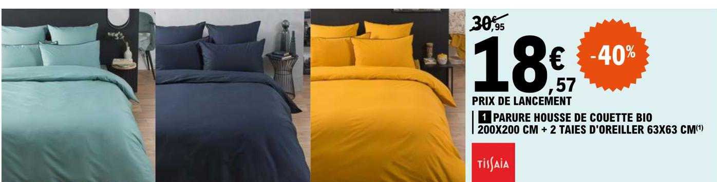 parure housse de couette bio 200 x 200 cm + 2 taies d'oreiller 63 x 63 cm tissaia