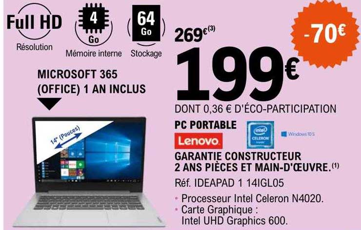 pc portable lenovo microsoft 365 (office) 1 an inclus