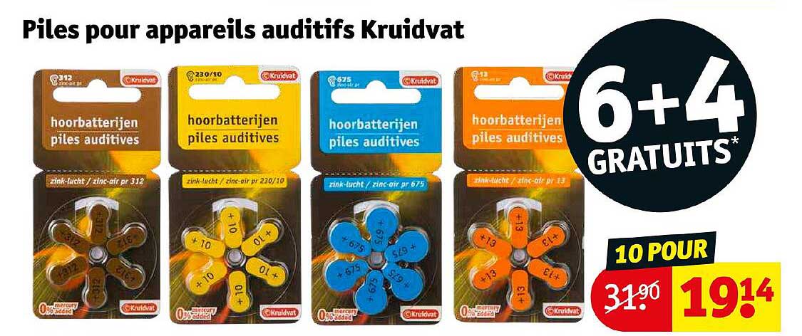 piles pour appareils auditifs kruidvat 6+4 gratuits