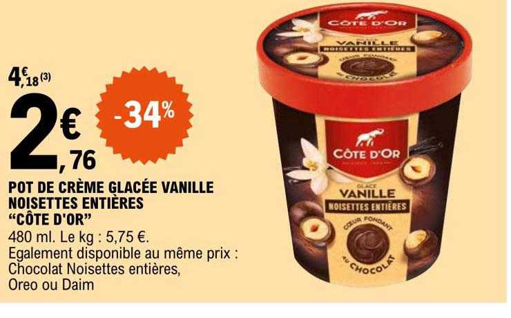 Pot De Crème Glacée Vanille Noisettes Entières "côte D'or"