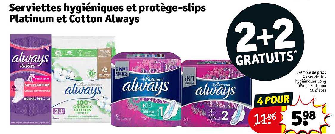 Serviettes Hygiéniques Et Protège-slips Platinum Et Cotton Always 2+2 Gratuits