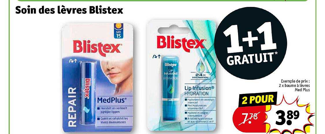 soin des lèvres blistex 2 x baume à lèvres med plus 1+1 gratuit