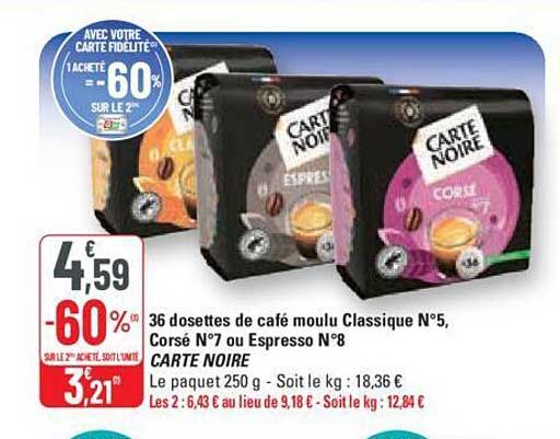 36 dosettes de café moulu classique n°5 corsé n°7 ou espresso n°8 carte noire
