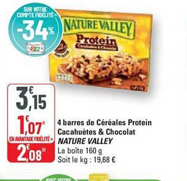 4 barres de céréales protein cacahuètes et chocolat nature valley