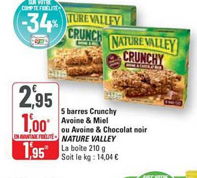 5 barres crunchy avoine & miel ou avoine & chocolat noir nature valley