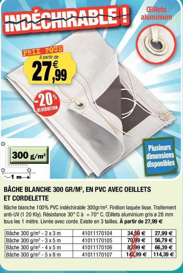 bâche blance 300 gr m2, en pvc avec oeillets et cordelette