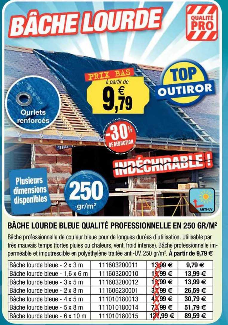 bâche lourde bleue qualité professionnelle en 250 gr m2