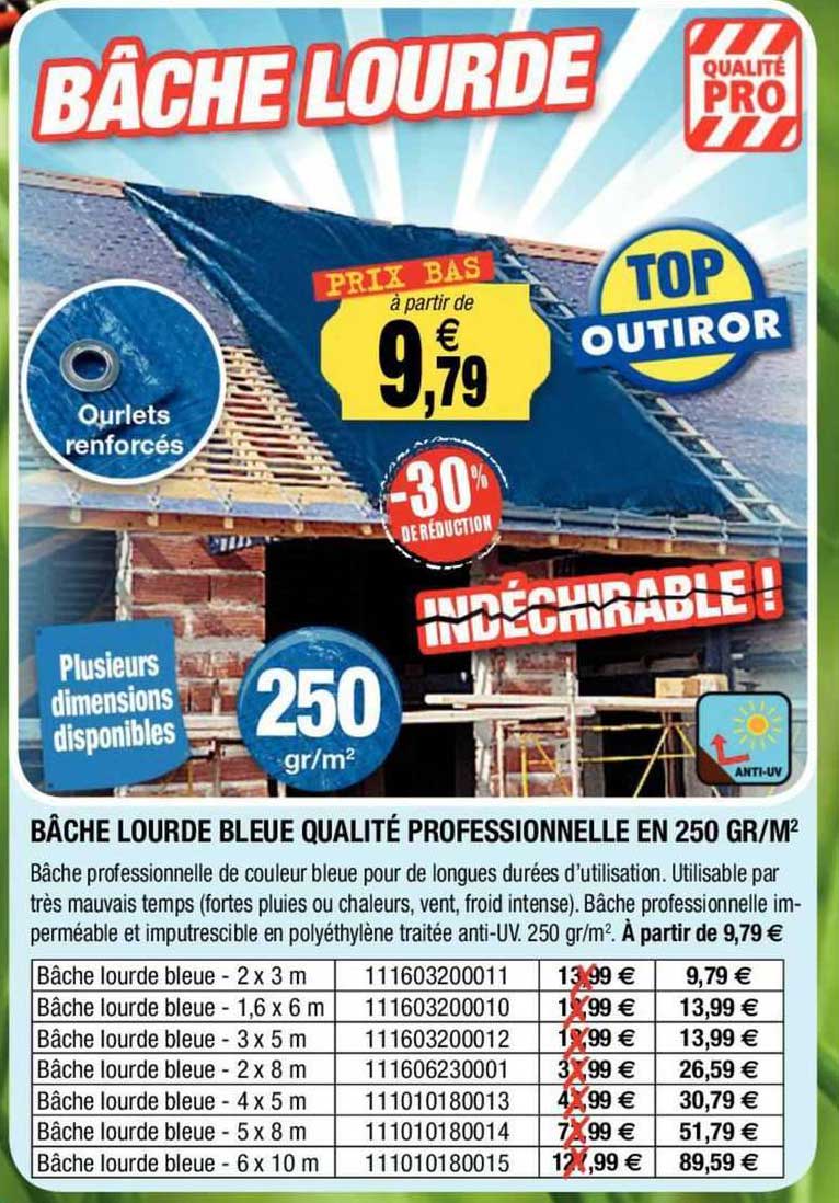 bâche lourde bleue qualité professionnelle en 250 gr/m2