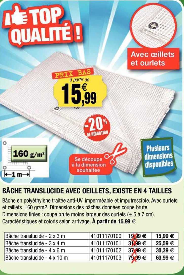 bâche translucide avec oeillets, existe en 4 tailles