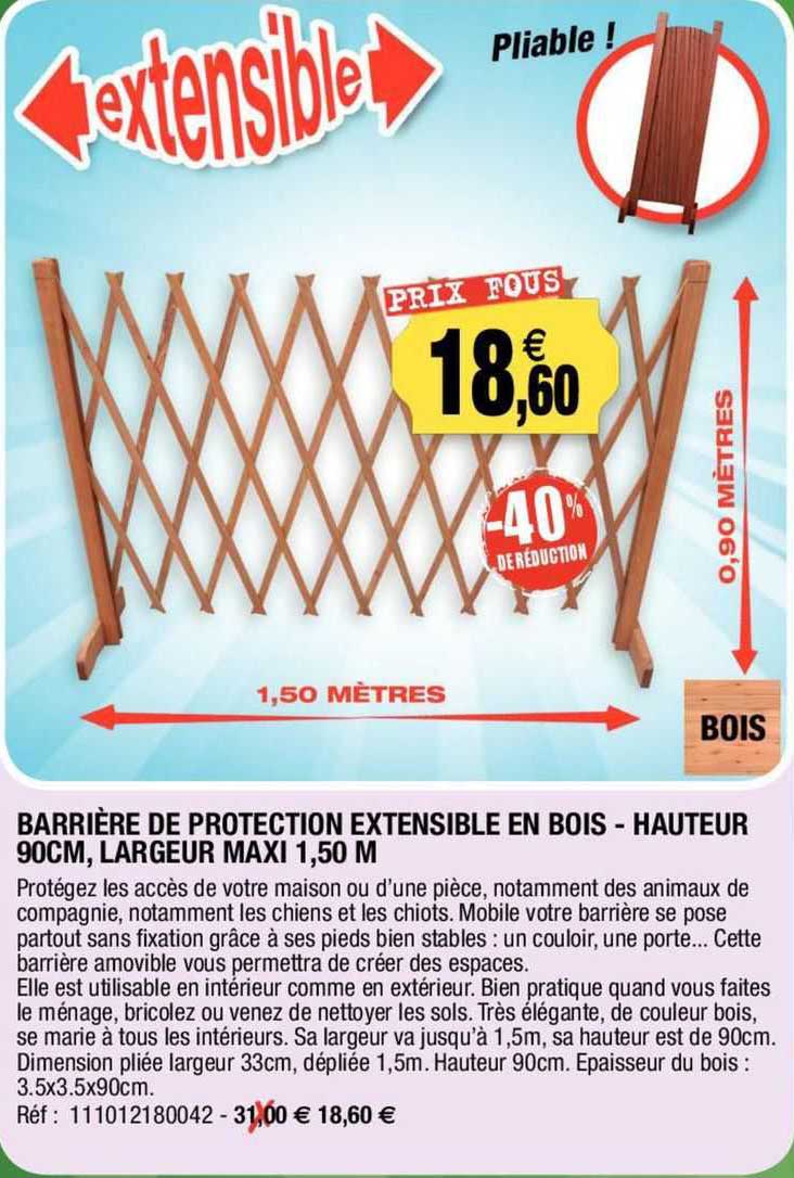 barrière de protection extensible en bois - hauteur 90cm, largeur maxi 1,50 m