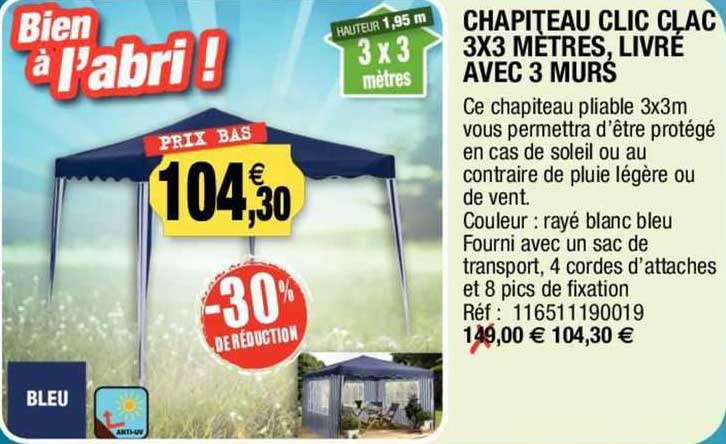 chapiteau clic clac 3x3 mètres, livré avec 3 murs