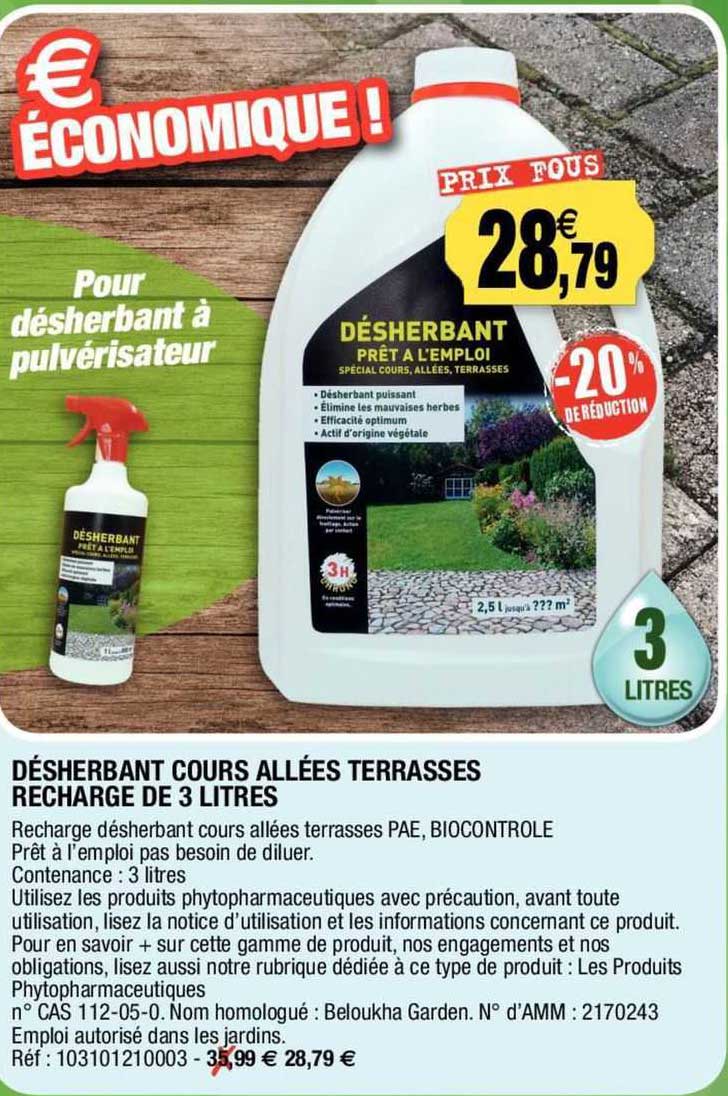 désherbant cours allées terrasses recharge de 3 litres