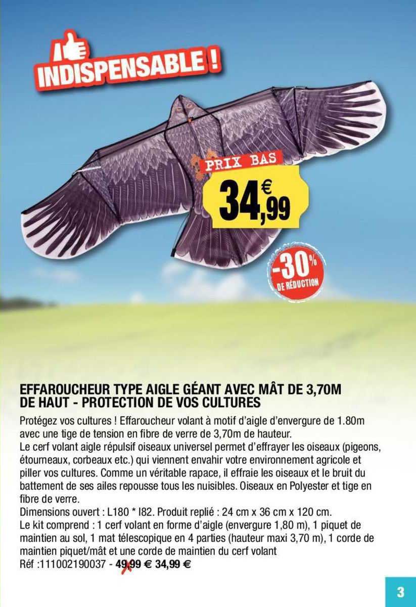 effaroucheur type aigle géant avec mât de 3,70m de haut - protection de vos cultures