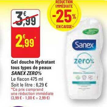 gel douche hydratant tous types de peaux sanex zero%