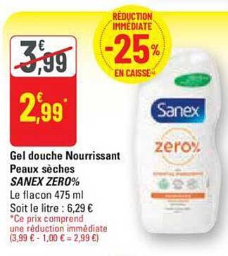 gel douche nourrissant peaux sèches sanex zero%