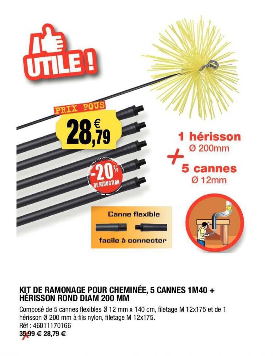 kite de ramonage pour cheminée, 5 cannes 1m40 + hérisson rond diam 200 mm