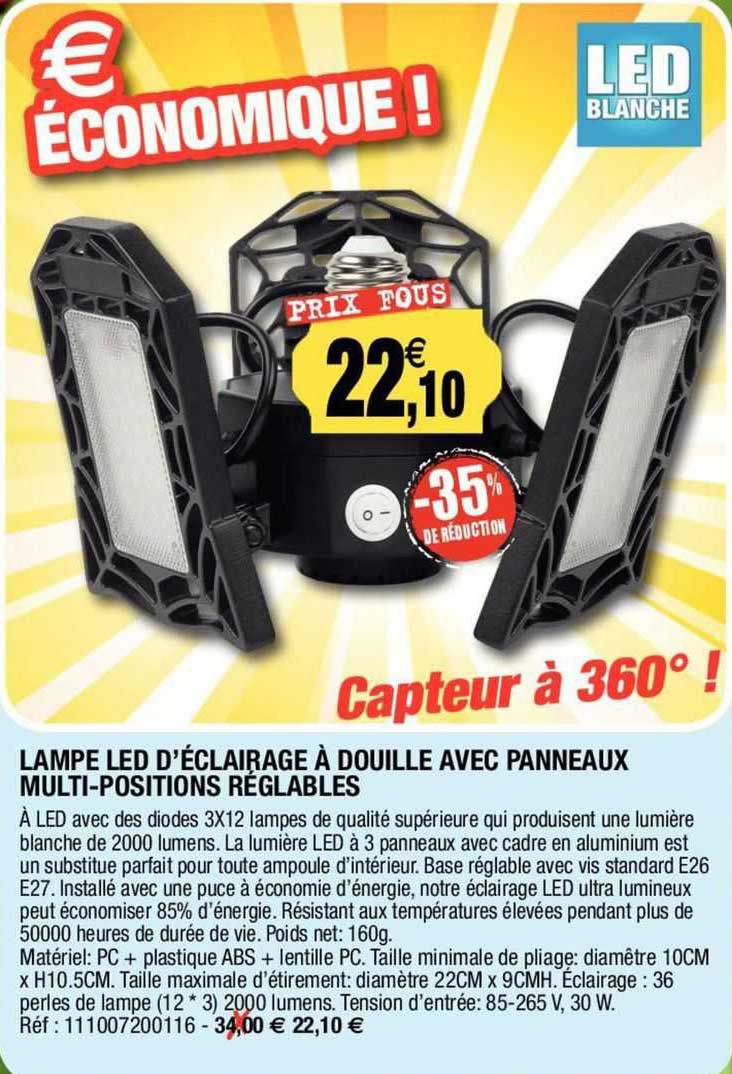 lampe led d'éclairage à douille avec panneaux multi-positions réglables