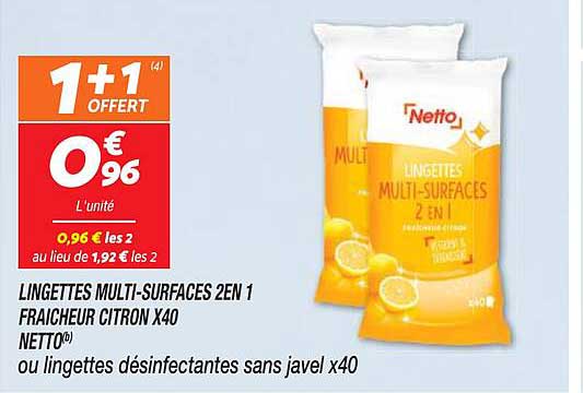 lingettes multi-surfaces 2en1 fraîcheur citron netto
