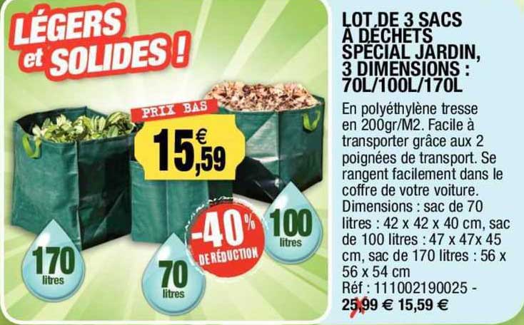 lot de 3 sacs à déchets spécial jardin, 3 dimensions 70l 100l 170l